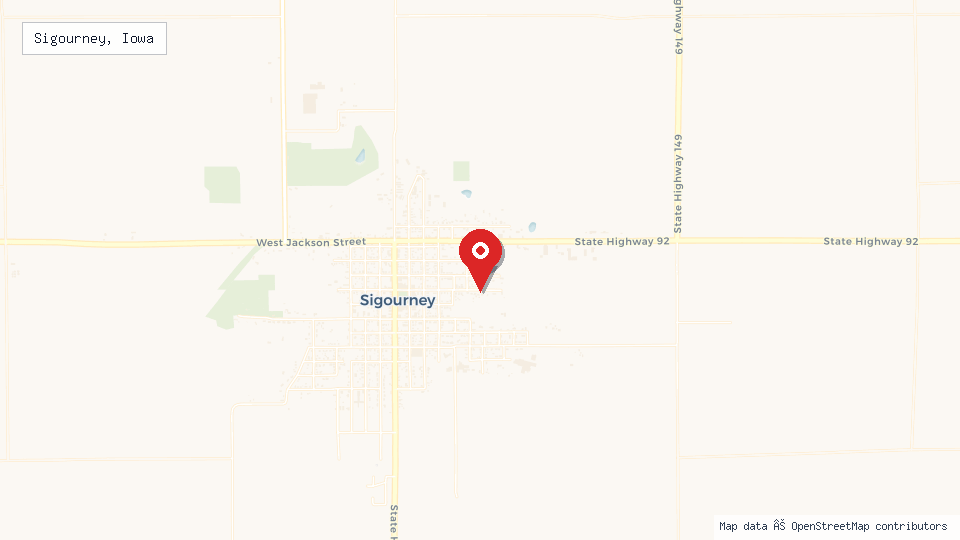 Street map of Sigourney, Iowa with location pin