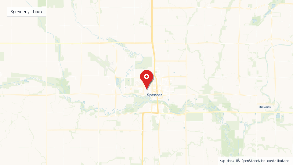Street map of Spencer, Iowa with location pin