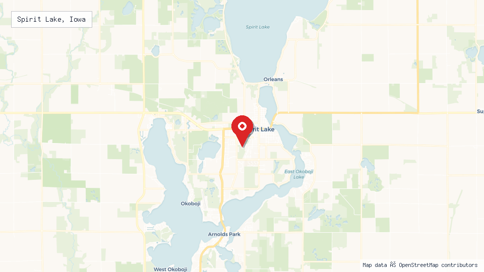 Street map of Spirit Lake, Iowa with location pin