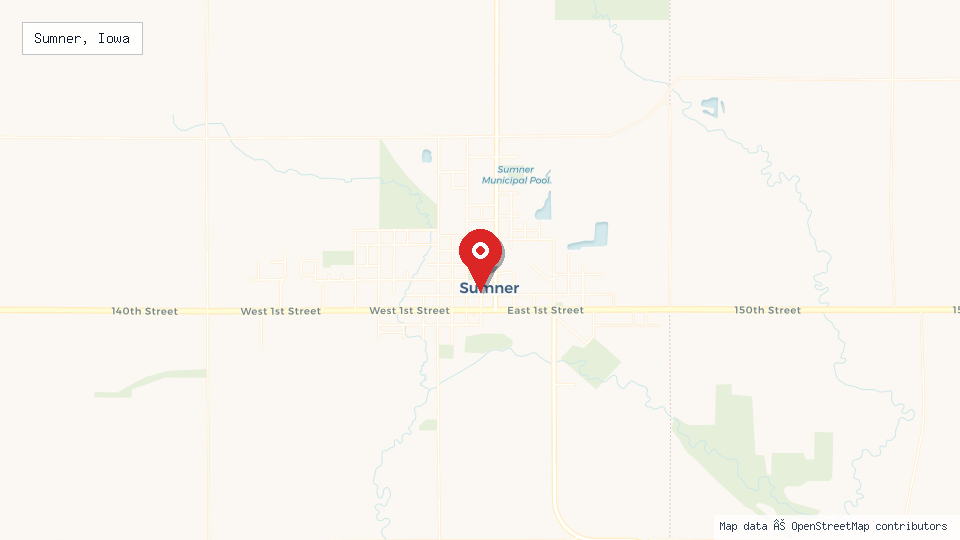 Street map of Sumner, Iowa with location pin