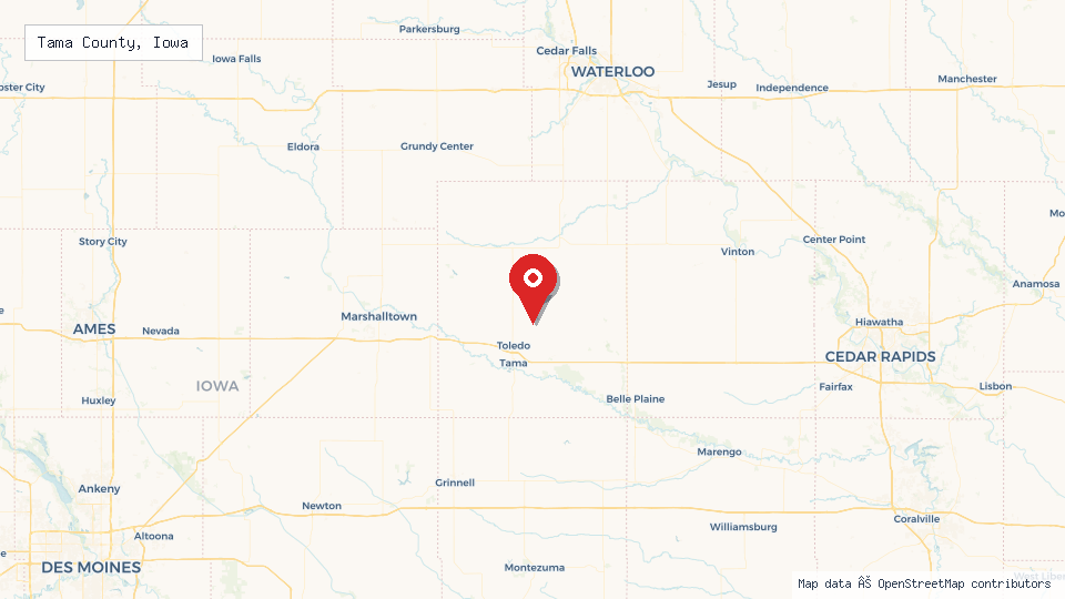Street map of Tama County, Iowa with location pin