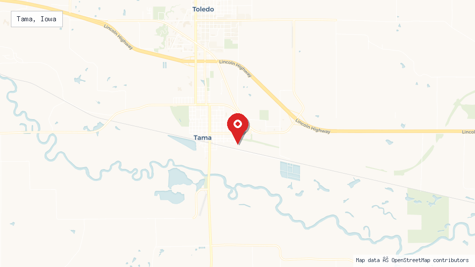 Street map of Tama, Iowa with location pin