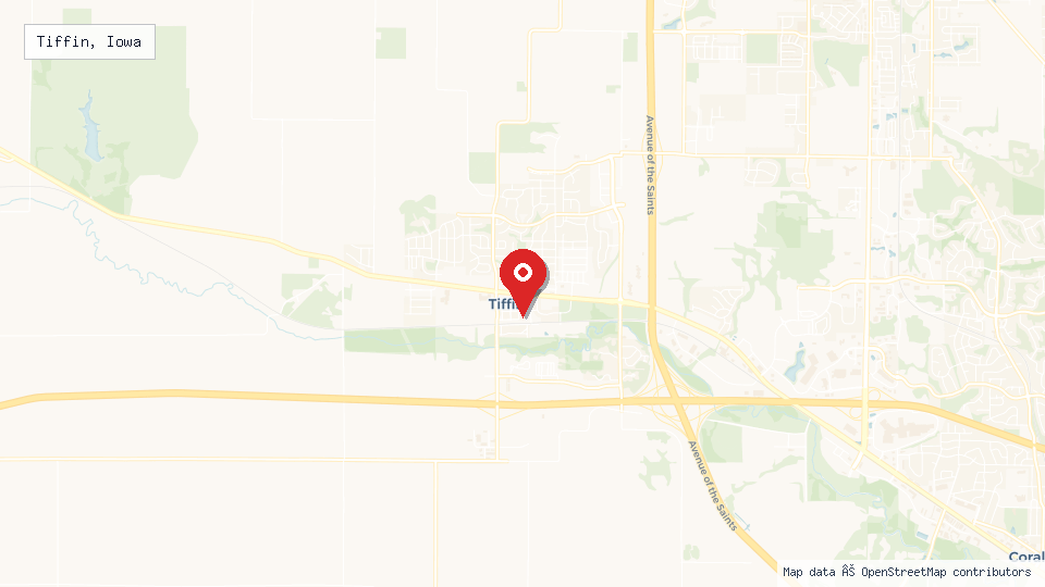 Street map of Tiffin, Iowa with location pin