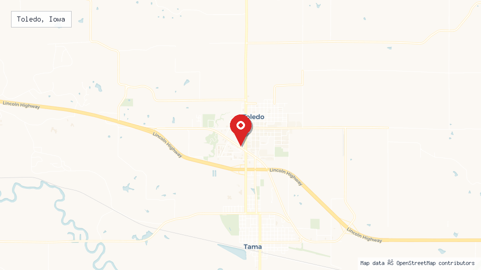 Street map of Toledo, Iowa with location pin