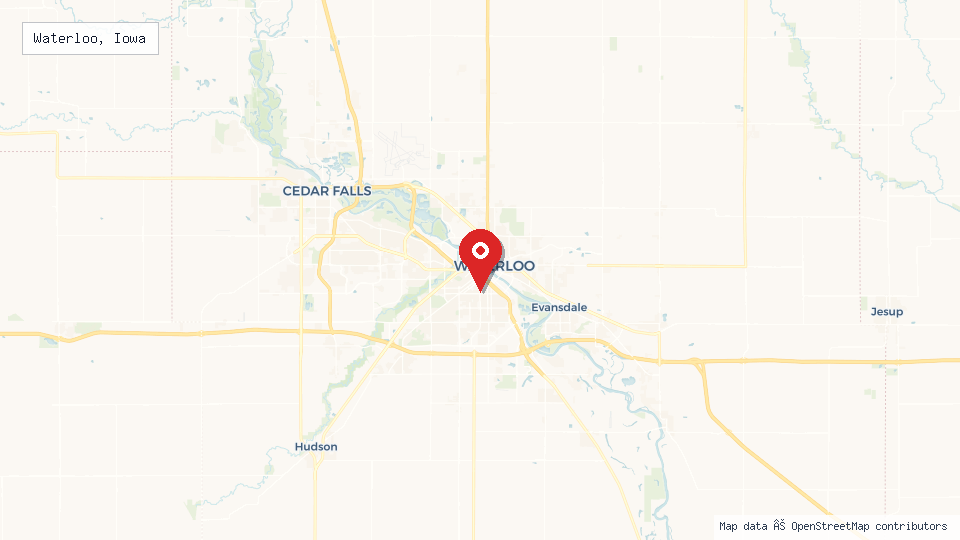 Street map of Waterloo, Iowa with location pin