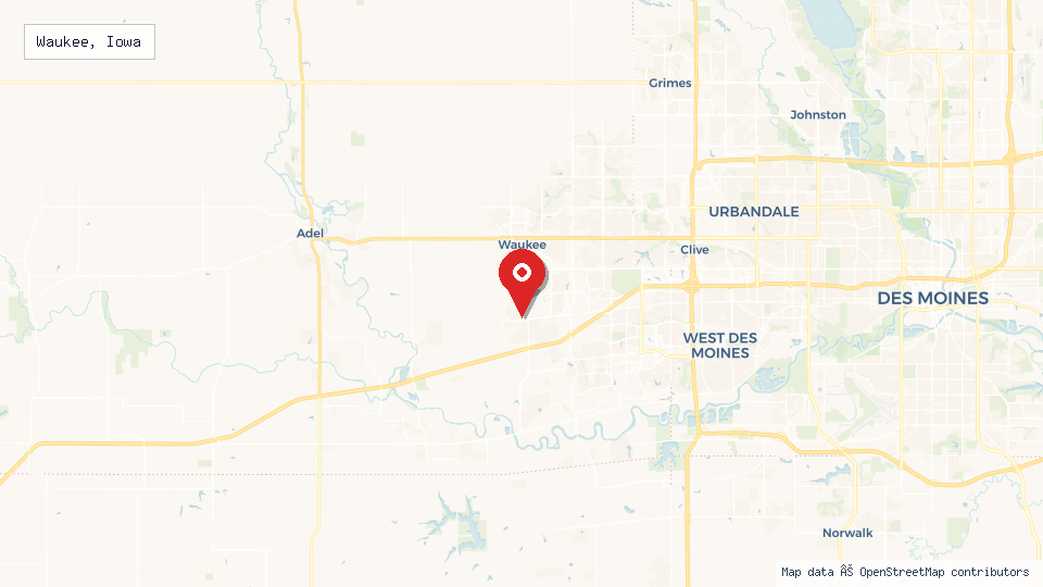 Street map of Waukee, Iowa with location pin