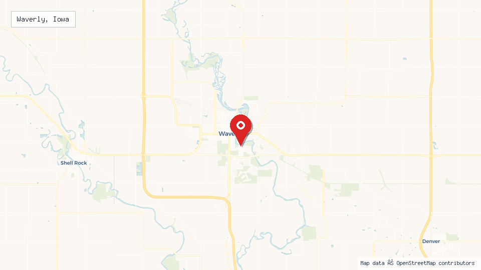 Street map of Waverly, Iowa with location pin