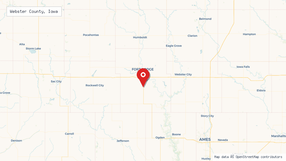 Street map of Webster County, Iowa with location pin