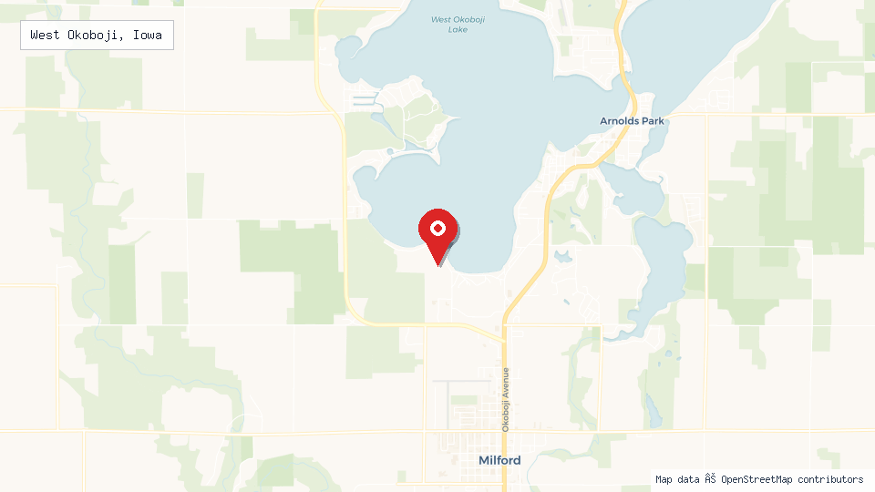 Street map of West Okoboji, Iowa with location pin