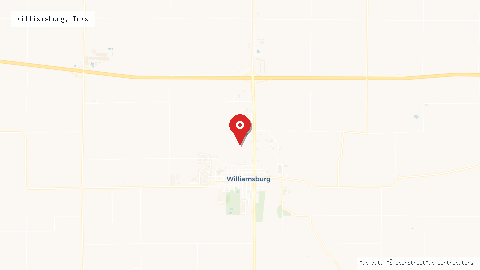 Street map of Williamsburg, Iowa with location pin