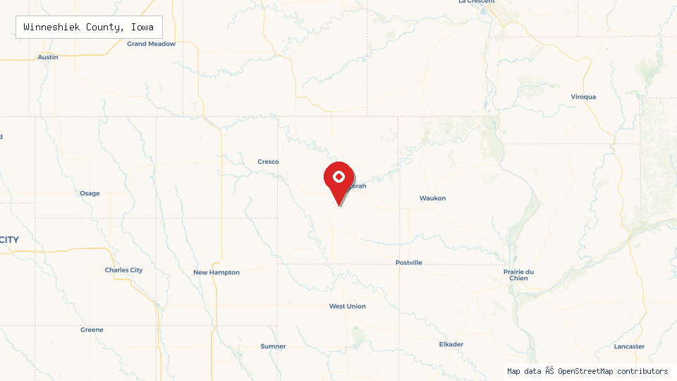 Street map of Winneshiek County, Iowa with location pin