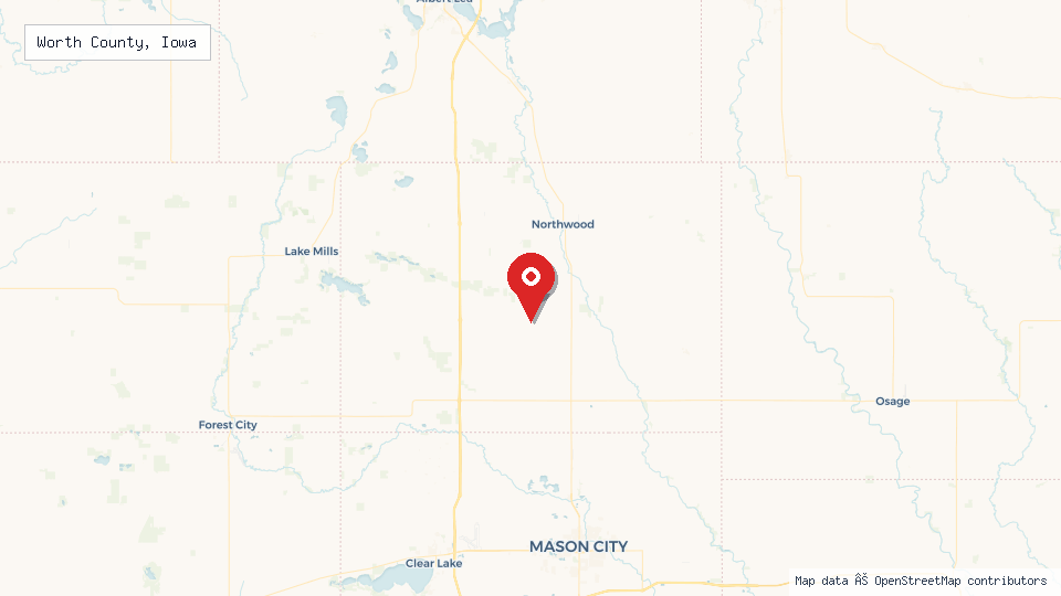 Street map of Worth County, Iowa with location pin
