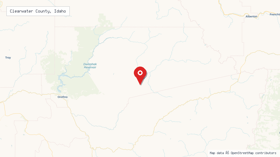 Street map of Clearwater County, Idaho with location pin