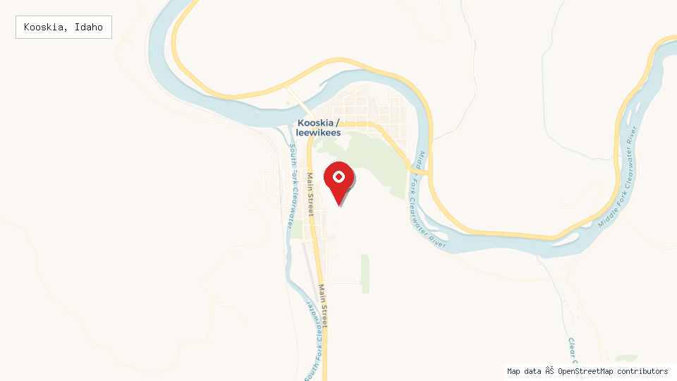 Street map of Kooskia, Idaho with location pin