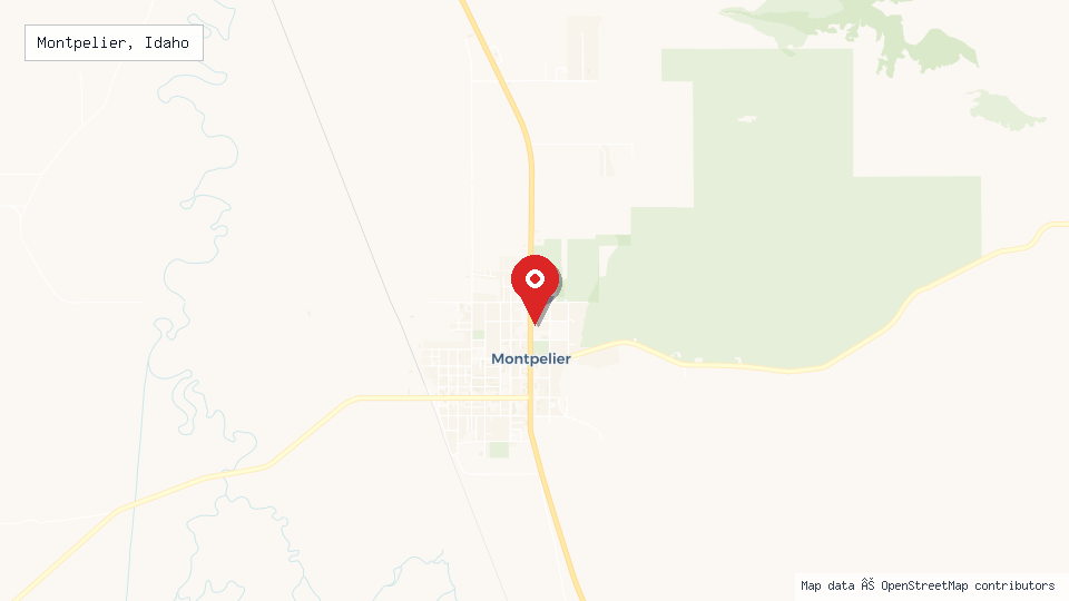 Street map of Montpelier, Idaho with location pin