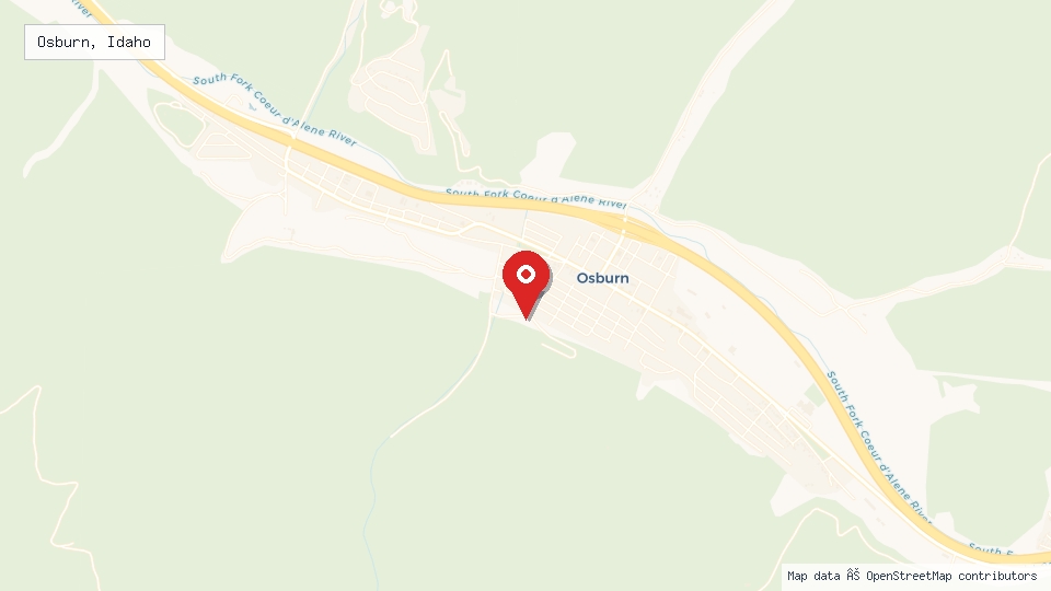 Street map of Osburn, Idaho with location pin