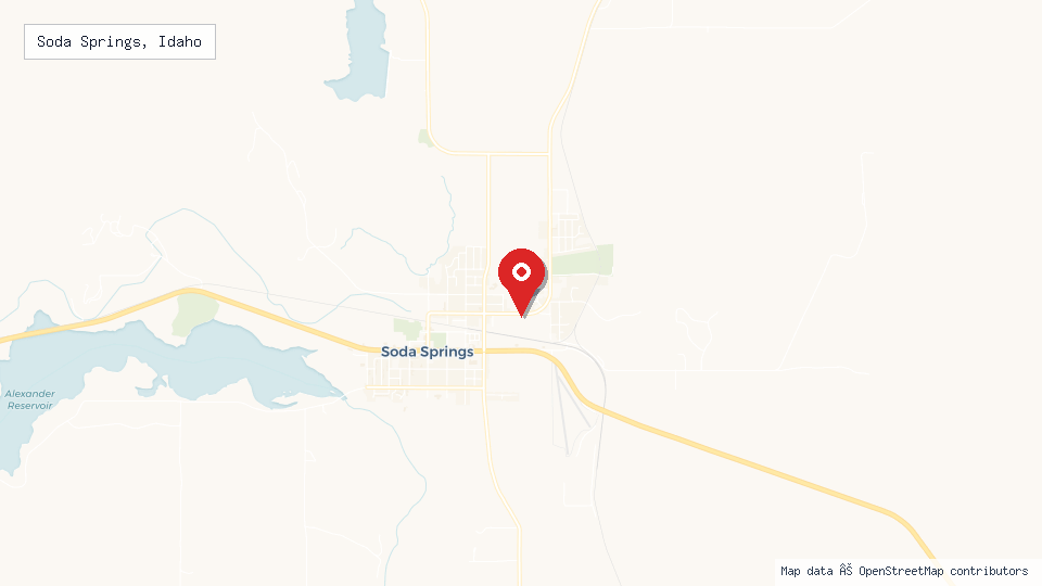 Street map of Soda Springs, Idaho with location pin