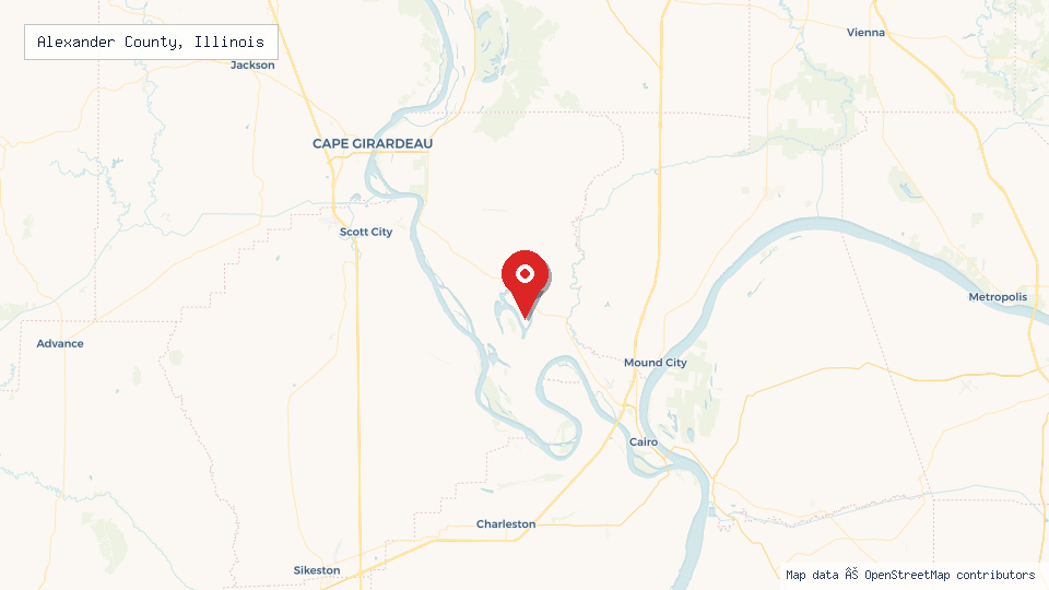 Street map of Alexander County, Illinois with location pin