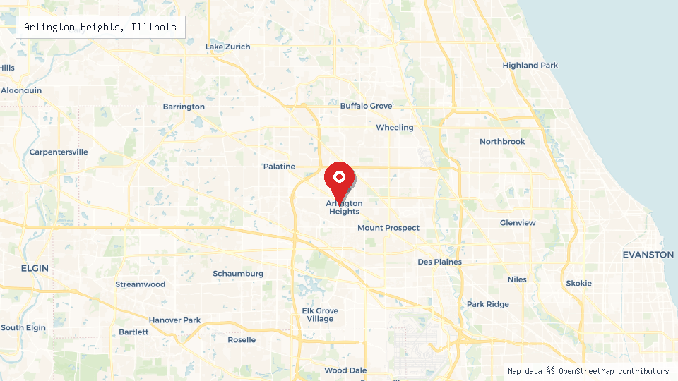 Street map of Arlington Heights, Illinois with location pin