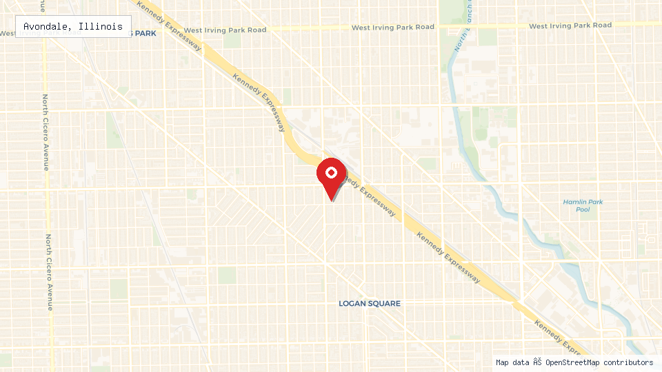 Street map of Avondale, Illinois with location pin