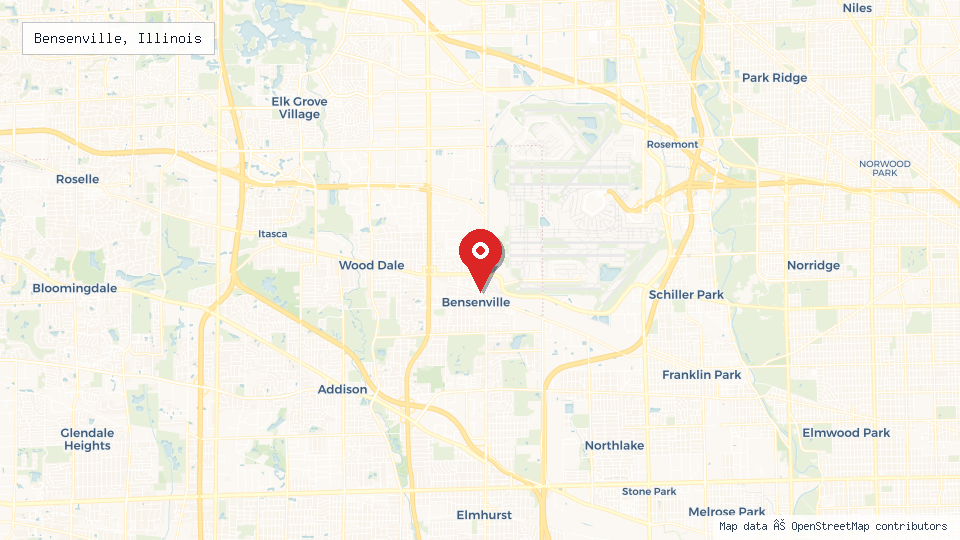 Street map of Bensenville, Illinois with location pin