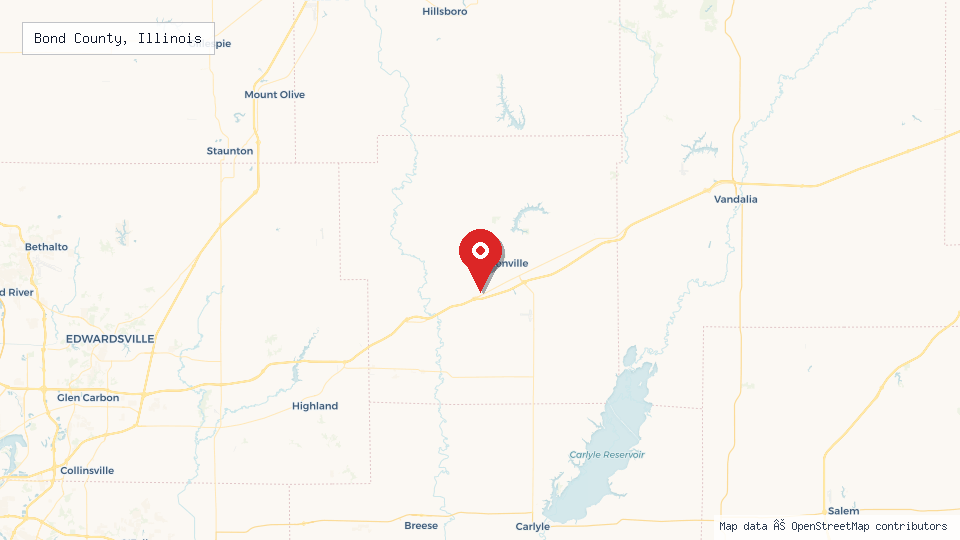 Street map of Bond County, Illinois with location pin