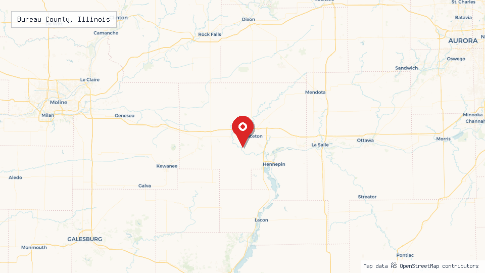 Street map of Bureau County, Illinois with location pin