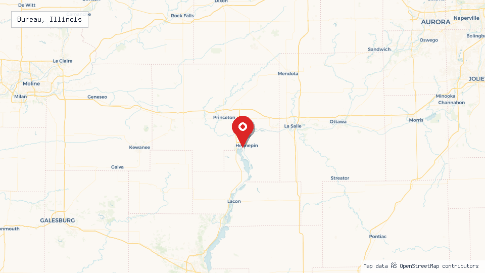 Street map of Bureau, Illinois with location pin