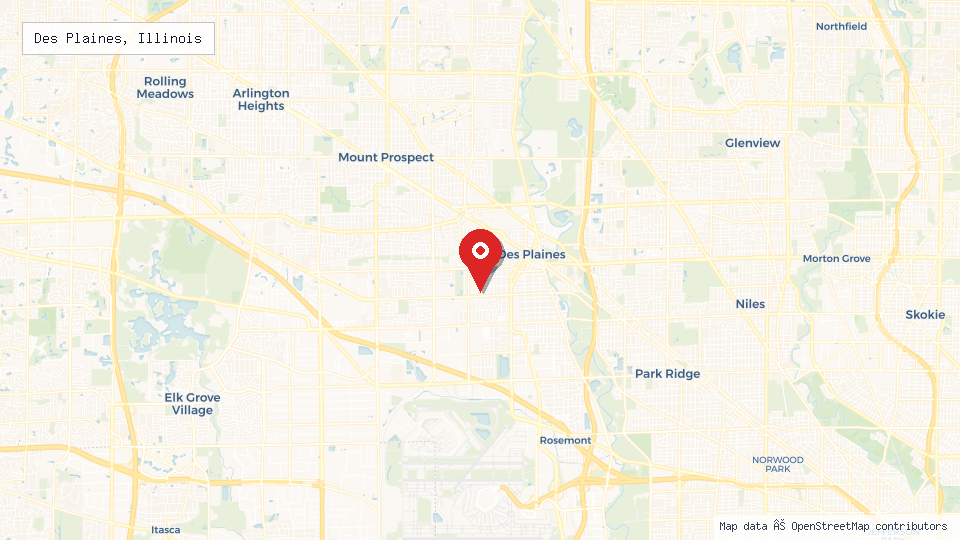 Street map of Des Plaines, Illinois with location pin