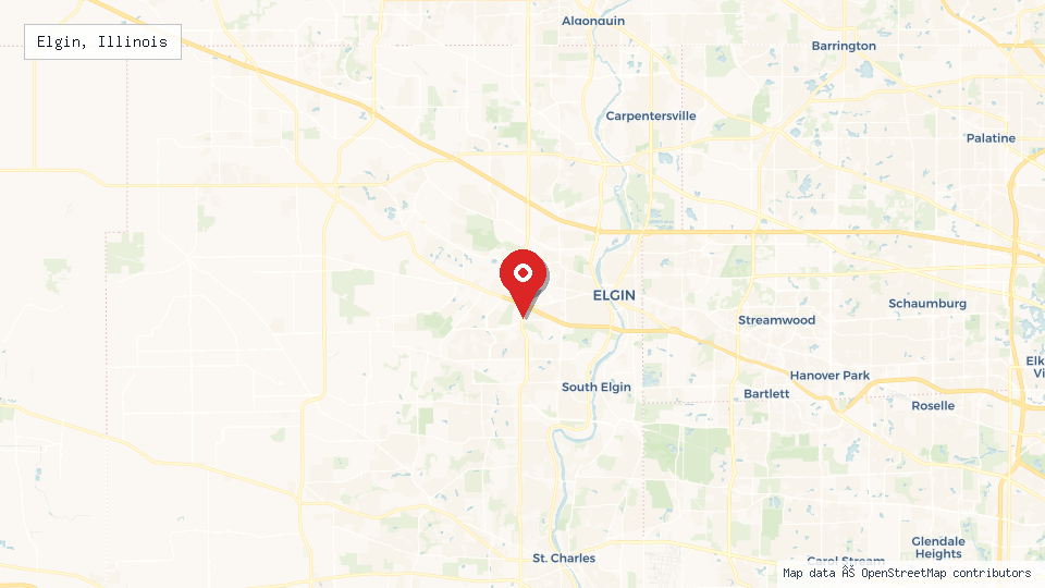 Street map of Elgin, Illinois with location pin