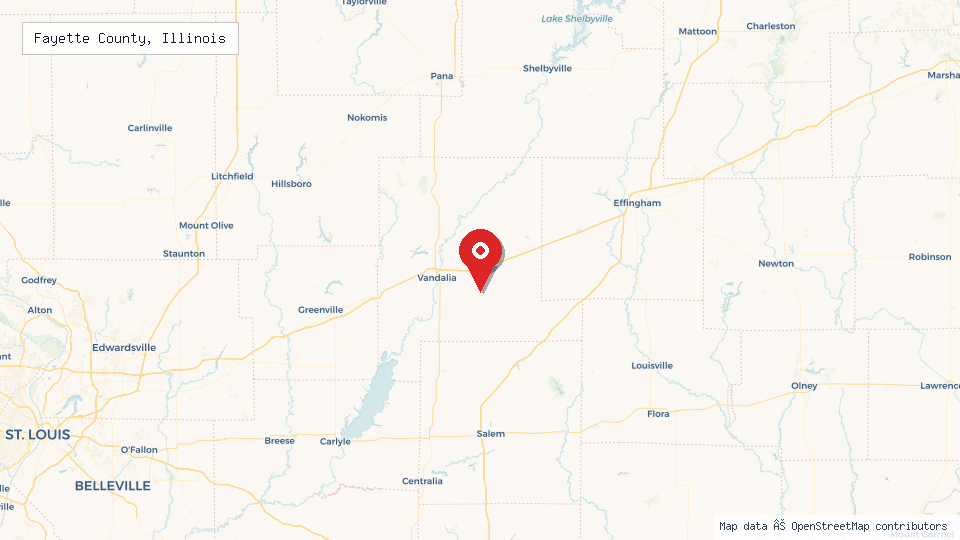 Street map of Fayette County, Illinois with location pin