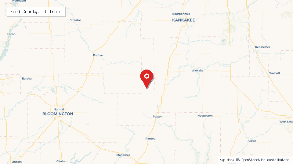 Street map of Ford County, Illinois with location pin