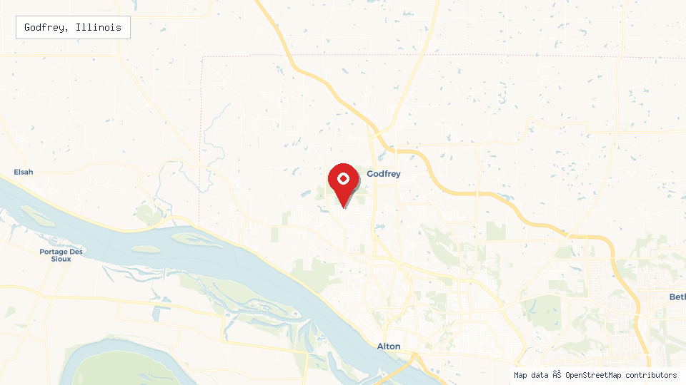 Street map of Godfrey, Illinois with location pin