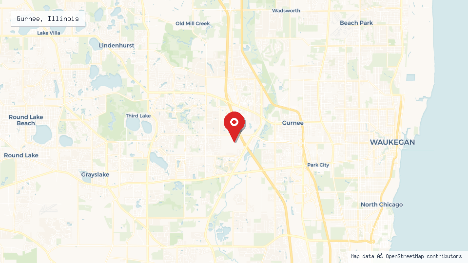 Street map of Gurnee, Illinois with location pin