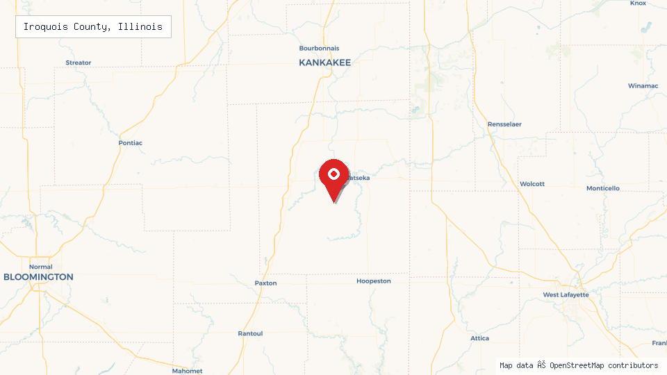 Street map of Iroquois County, Illinois with location pin