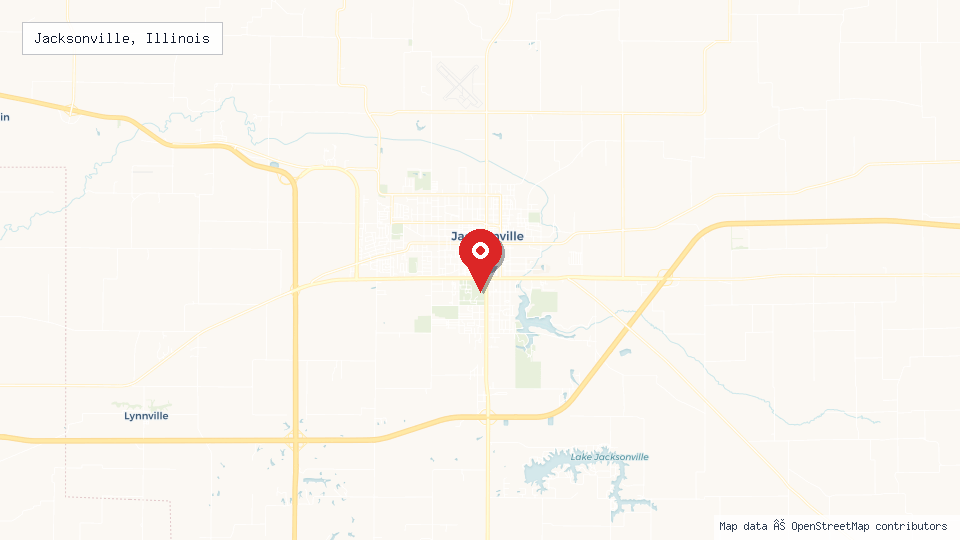 Street map of Jacksonville, Illinois with location pin