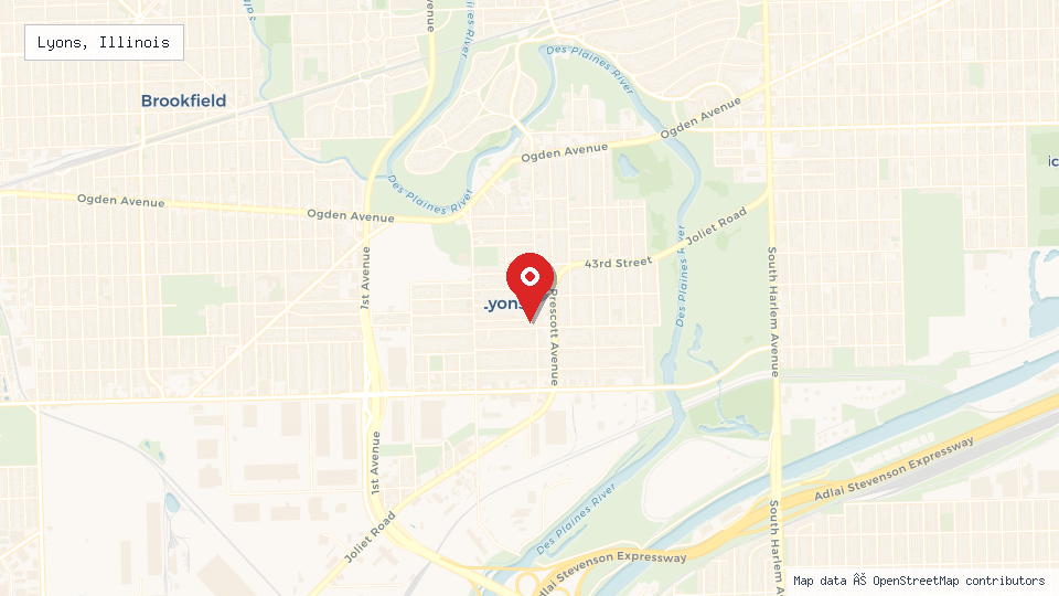 Street map of Lyons, Illinois with location pin