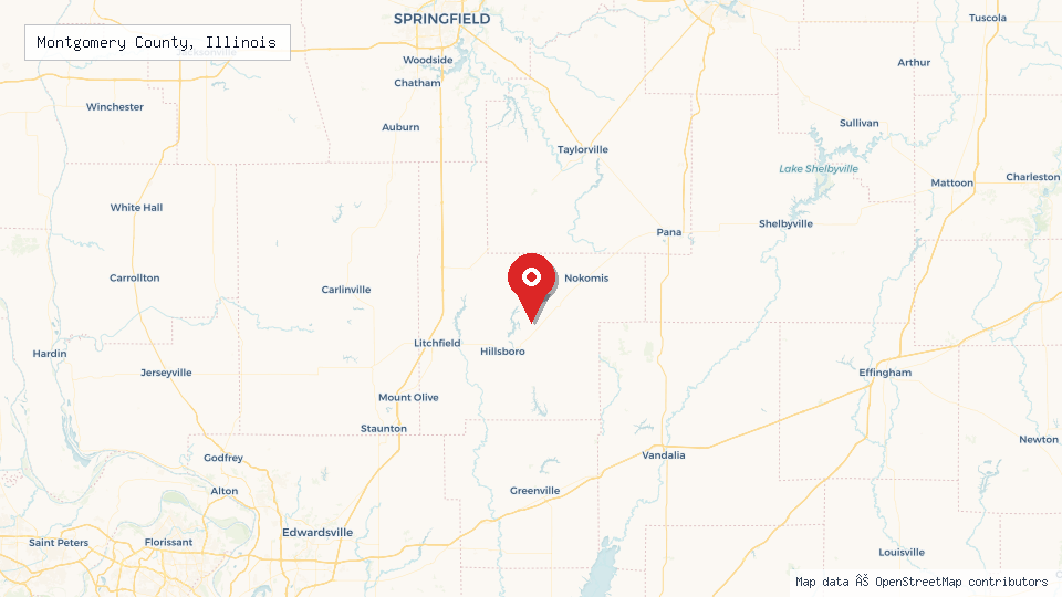 Street map of Montgomery County, Illinois with location pin