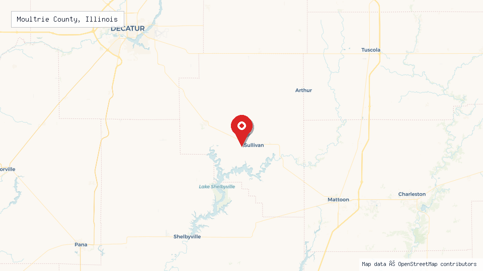 Street map of Moultrie County, Illinois with location pin