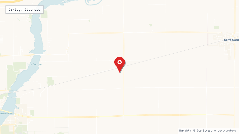 Street map of Oakley, Illinois with location pin