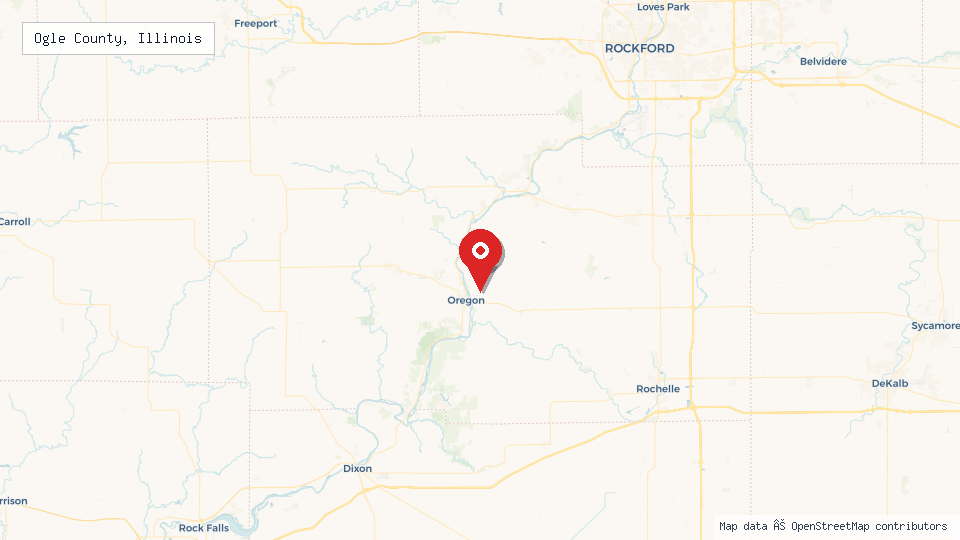 Street map of Ogle County, Illinois with location pin