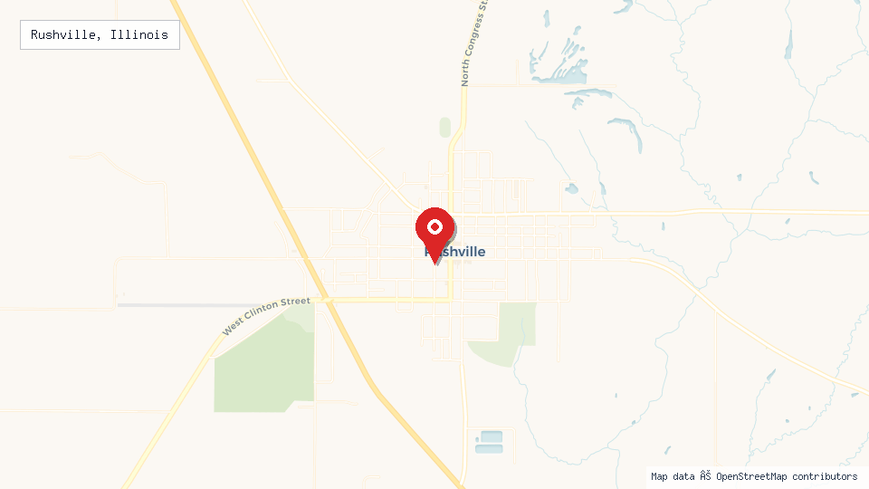Street map of Rushville, Illinois with location pin