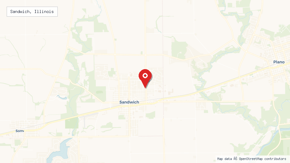 Street map of Sandwich, Illinois with location pin