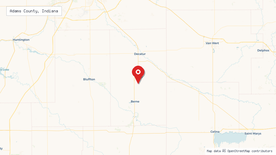 Street map of Adams County, Indiana with location pin