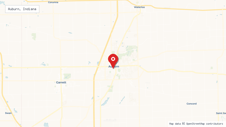 Street map of Auburn, Indiana with location pin