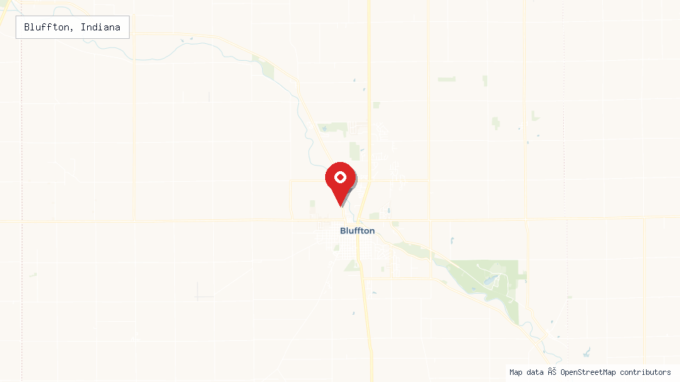 Street map of Bluffton, Indiana with location pin