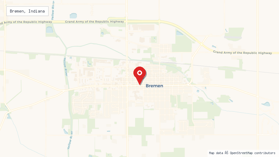 Street map of Bremen, Indiana with location pin