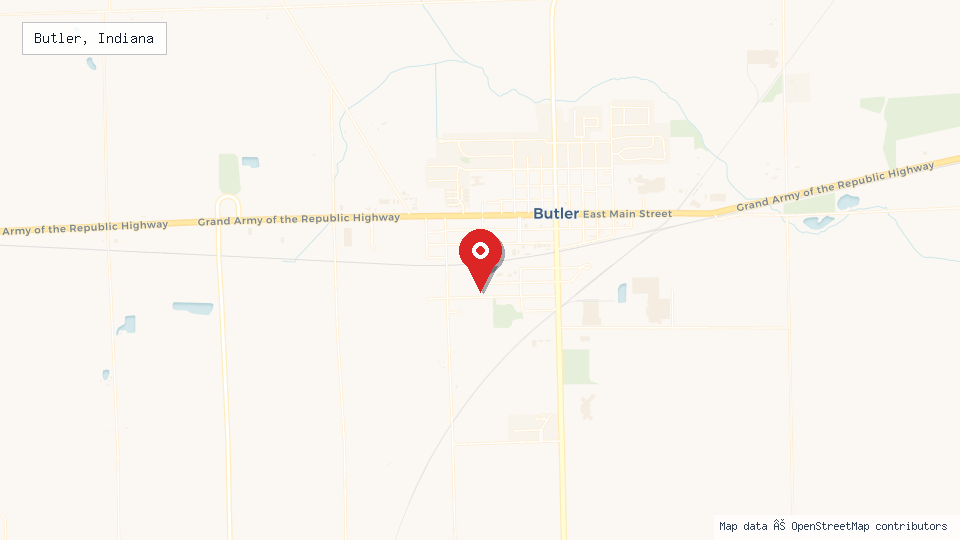 Street map of Butler, Indiana with location pin
