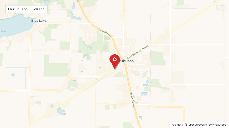 Street map of Churubusco, Indiana with location pin