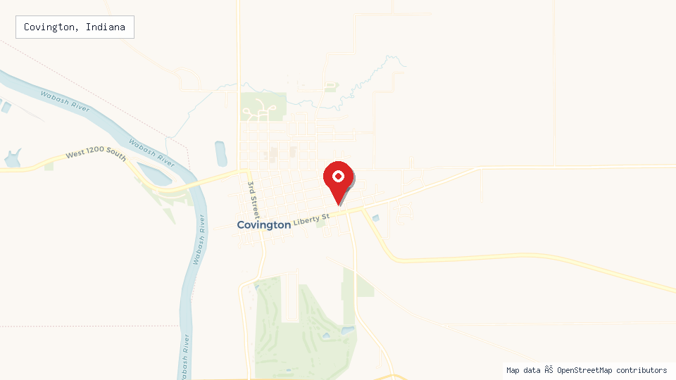 Street map of Covington, Indiana with location pin